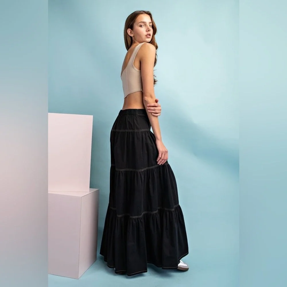A-Line Tiered Button Up Maxi Skirt - eesome